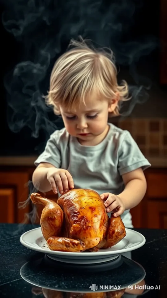 Boy Enjoying Freshly Roasted Chicken in Cozy Kitchen – AI Generated Video | Hailuo AI