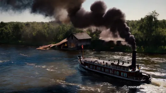 Steamboat Navigates Dramatic River Explosion Scene – AI Generated Video | Hailuo AI