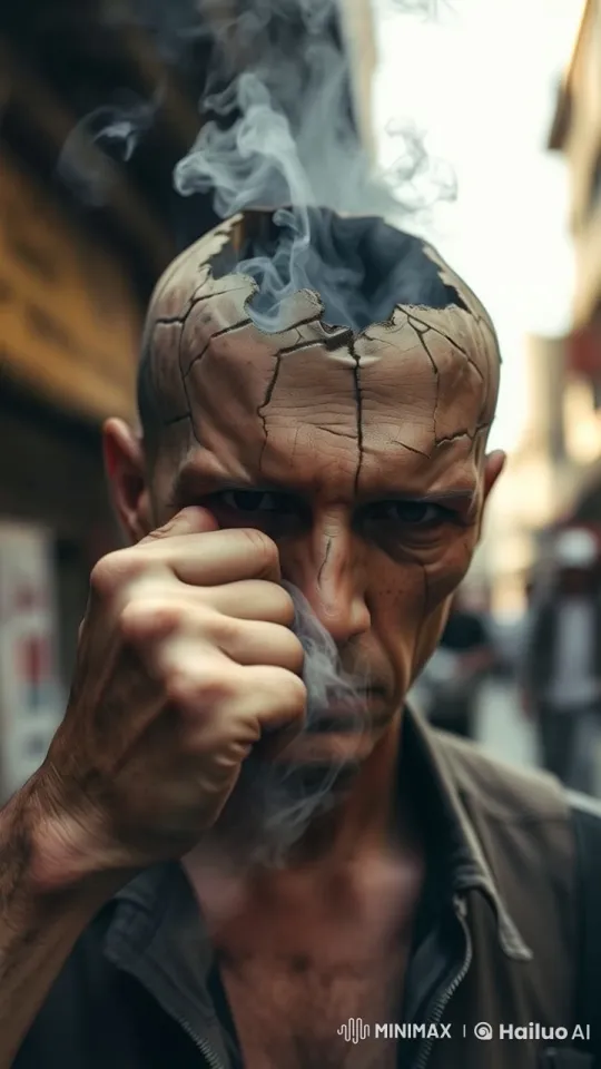Outdoor Scene: Person with Flowing Sand, Red-Eyed, Mysterious Smoke – AI Generated Video | Hailuo AI