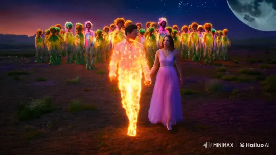 Holographic Couple Strides Through Surreal Twilight Landscape – AI Generated Video | Hailuo AI