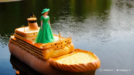 Whimsical Woman on Giant Bread Ship Reflects Serenity – AI Generated Video | Hailuo AI