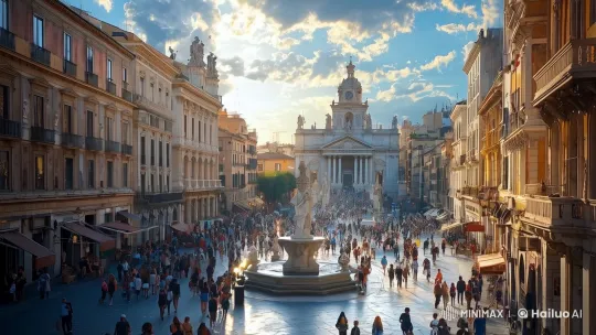 Urban Plaza with Ornate Fountain and Lively Atmosphere – AI Generated Video | Hailuo AI