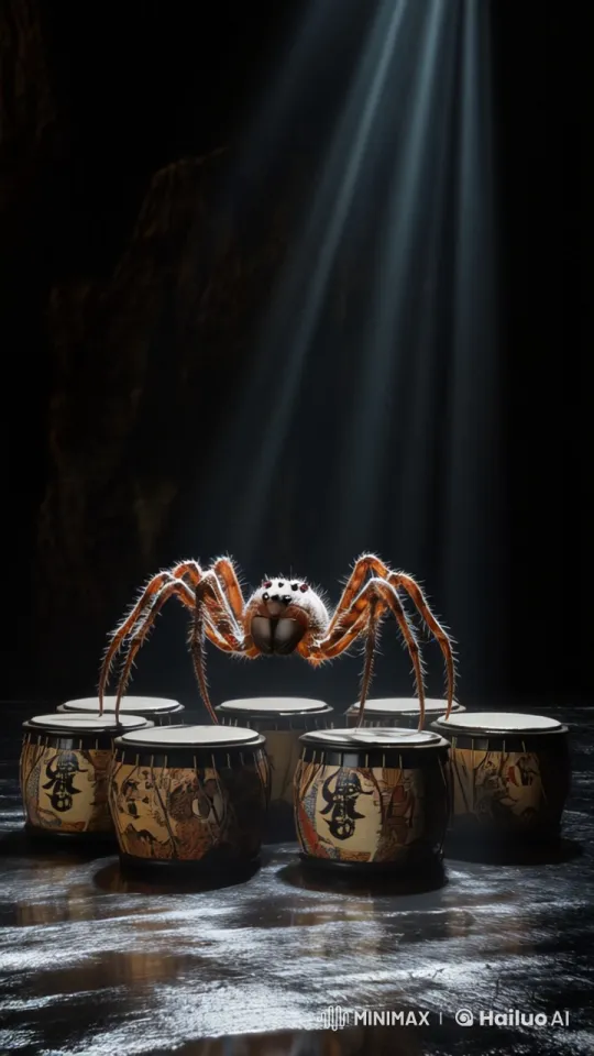 Spider Drummer: Eight-Legged Percussionist on Stage – AI Generated Video | Hailuo AI