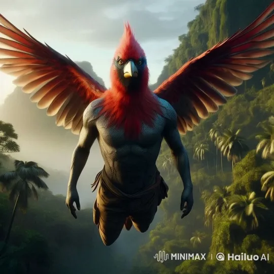 Cardinal-Human Hybrid Glides Through Hyperrealistic Jungle – AI Generated Video | Hailuo AI