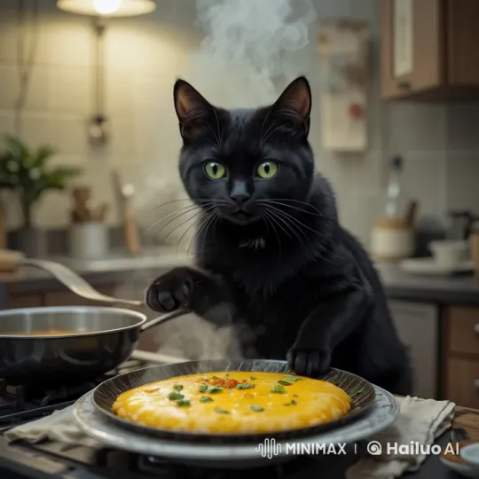 Black Cat Chef Cooks with Skill in Cozy Kitchen – AI Generated Video | Hailuo AI