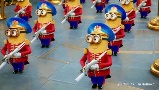 Minions in Royal Guard Uniforms March with Regal Precision – AI Generated Video | Hailuo AI