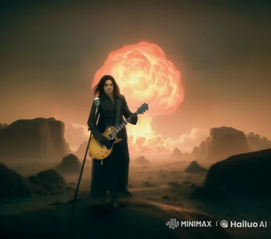 Guitarist Performs with Passion Amidst Storm and Explosions – AI Generated Video | Hailuo AI