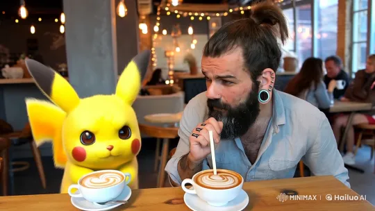 Bearded Man Meets Realistic Pikachu in Cozy Cafe – AI Generated Video | Hailuo AI