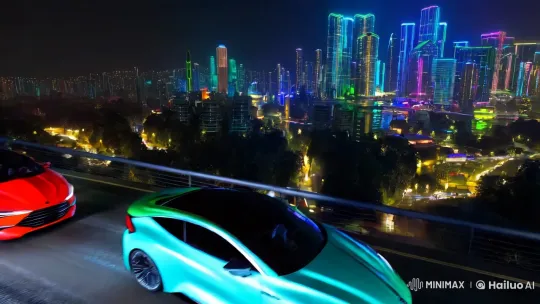 Futuristic Cityscape: Neon, Robots, and Autonomous Cars – AI Generated Video | Hailuo AI