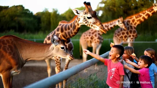 Children Feed Graceful Deer and Giraffes in Serene Zoo – AI Generated Video | Hailuo AI