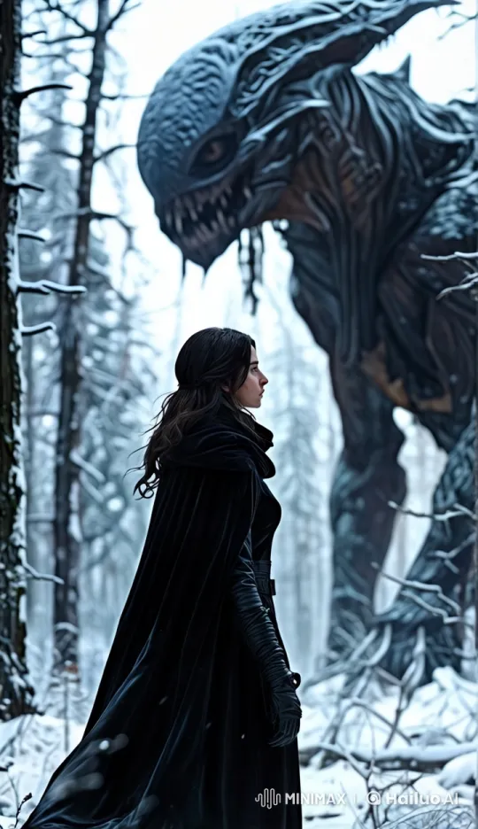Woman Prepares for Battle Against Monster in Snowy Forest – AI Generated Video | Hailuo AI