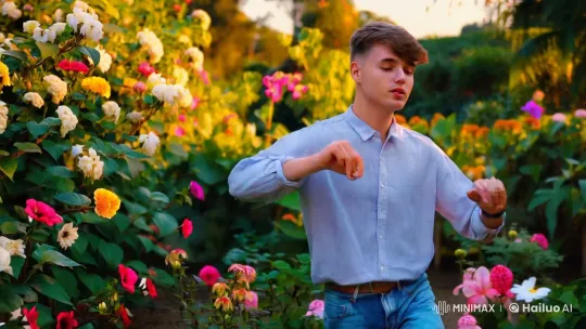 Young Man Passionately Performing in Garden with Canon 5D – AI Generated Video | Hailuo AI