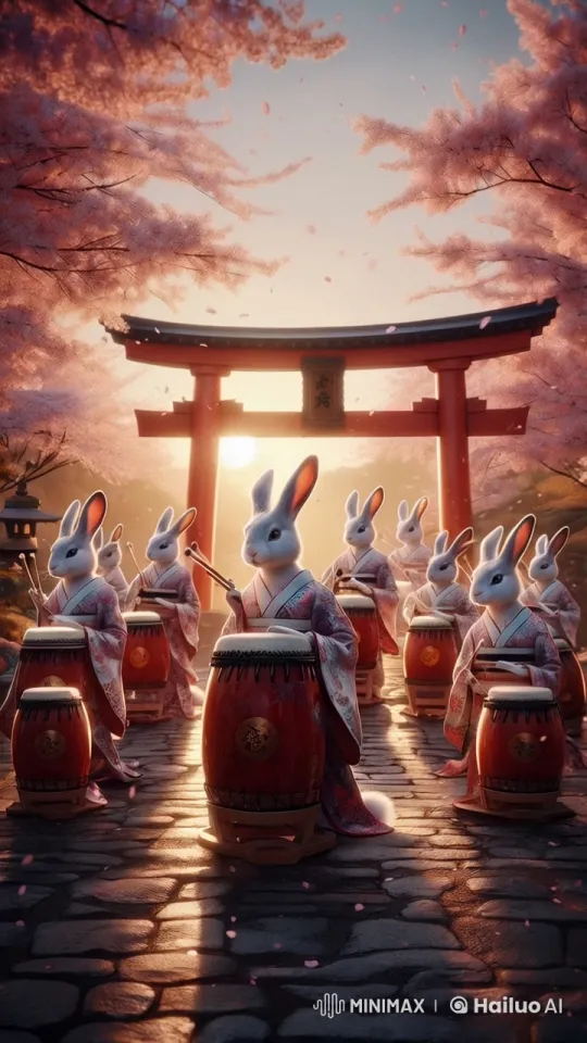Rabbits Drum in Kimonos at Japanese Garden Sunset – AI Generated Video | Hailuo AI