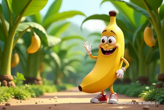 Anthropomorphic Banana Walks Cheerfully Through Plantation – AI Generated Video | Hailuo AI