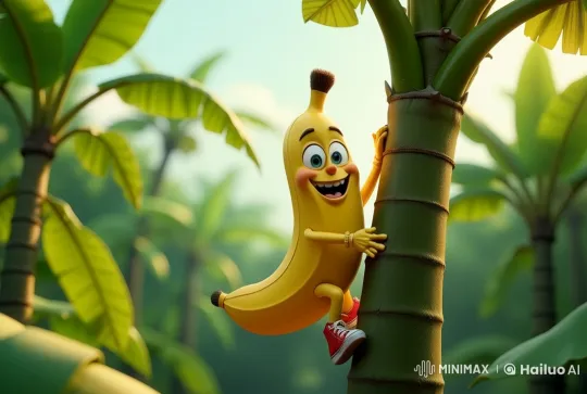 Animated Banana Climbs Banana Tree in Lush Jungle Setting – AI Generated Video | Hailuo AI