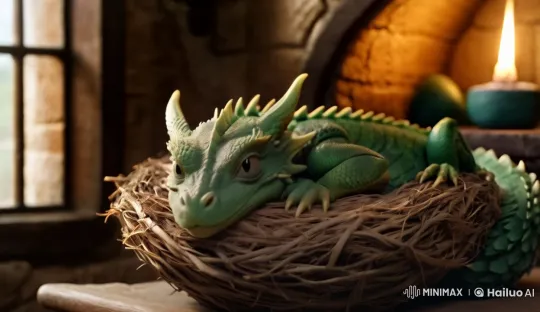 Baby Dragon Yawns and Relaxes in Rustic Nest – AI Generated Video | Hailuo AI