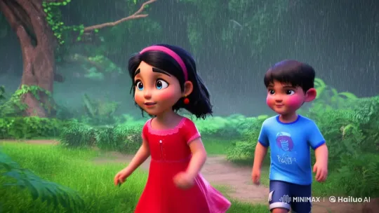 Children and Dog Flee Through Jungle in Storm – AI Generated Video | Hailuo AI