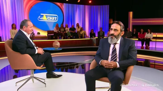 Middle-aged man prepares for sophisticated talk show interview. – AI Generated Video | Hailuo AI