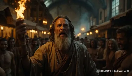 Elderly Man Commands Attention in Ancient Marketplace – AI Generated Video | Hailuo AI