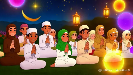Muslim Children's Joyful Prayer in Tranquil Night Setting – AI Generated Video | Hailuo AI