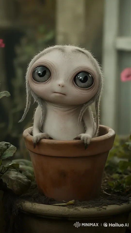 Creature in Clay Pot: Gentle Curiosity in a Garden Setting – AI Generated Video | Hailuo AI