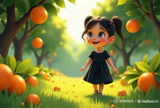 Orchard Stroll: Young Girl Amidst Sunlit Oranges – AI Generated Video | Hailuo AI