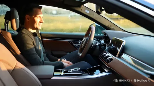Luxury Car Interior with Content Driver at Dawn – AI Generated Video | Hailuo AI
