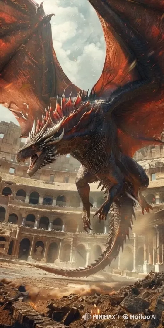Majestic Dragon Soars Through Ancient Coliseum Ruins – AI Generated Video | Hailuo AI