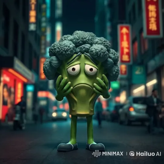 Boy Battles Broccoli on Bustling Urban Sidewalk – AI Generated Video | Hailuo AI