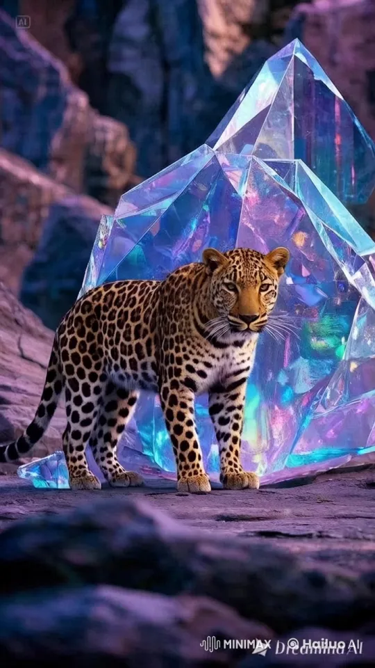 Leopard Gracefully Navigates Mystical Crystal Landscape – AI Generated Video | Hailuo AI