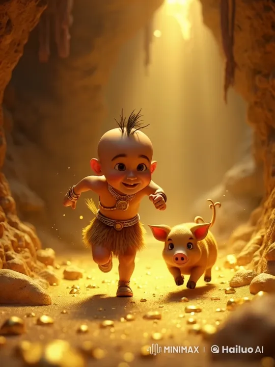 Boy and Pig Chase Through Enchanted Cave – AI Generated Video | Hailuo AI