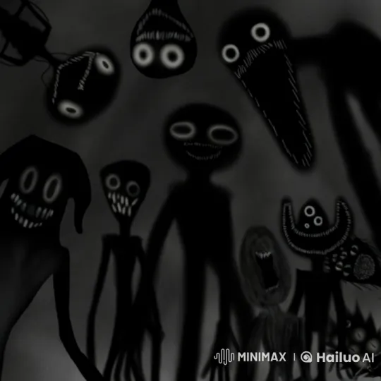 Nightmarish Figures with Glowing Eyes in Shadowy Setting – AI Generated Video | Hailuo AI