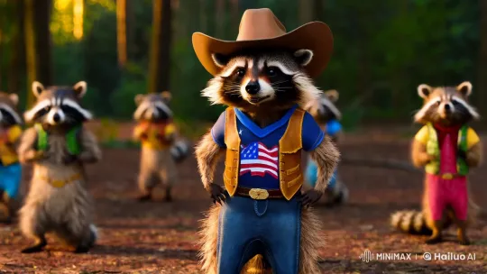 Raccoon Cowboy Dance in Enchanted Forest Setting – AI Generated Video | Hailuo AI