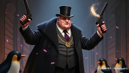 Distinguished Figure Poses with Pistols Amidst Penguins and Petals – AI Generated Video | Hailuo AI