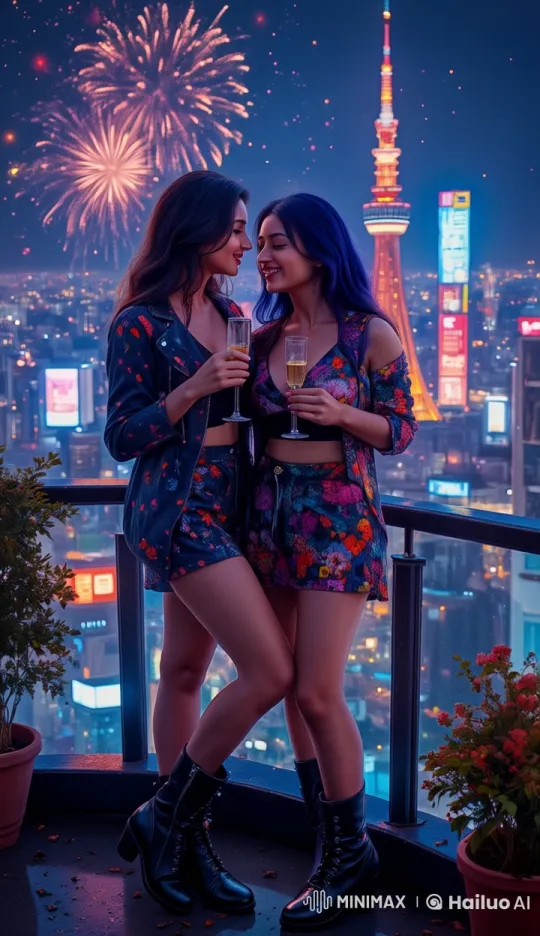Romantic Night on Tokyo Tower Rooftop with Fireworks – AI Generated Video | Hailuo AI