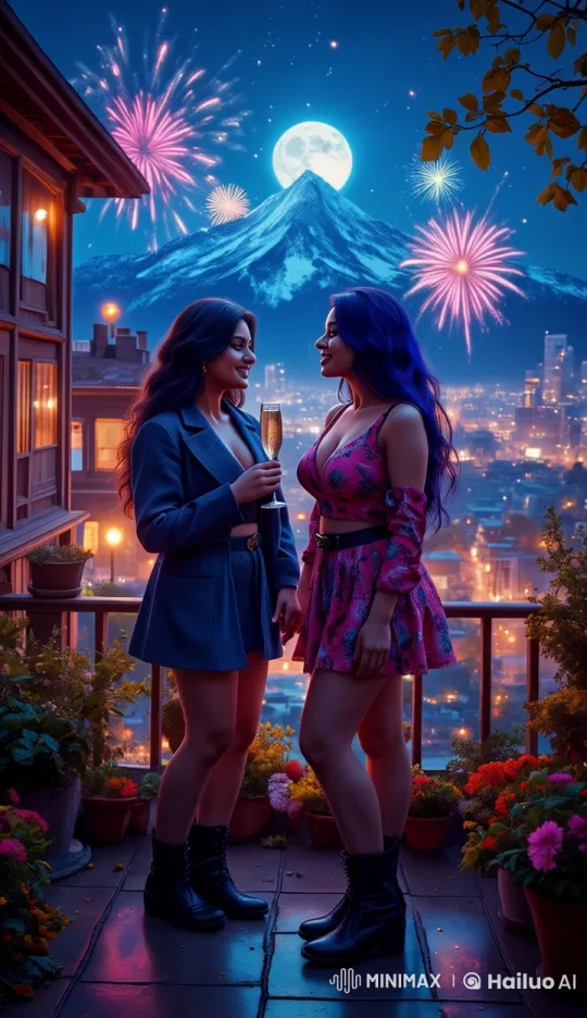 Romantic Night on a Balcony with Fireworks and Affectionate Kiss – AI Generated Video | Hailuo AI