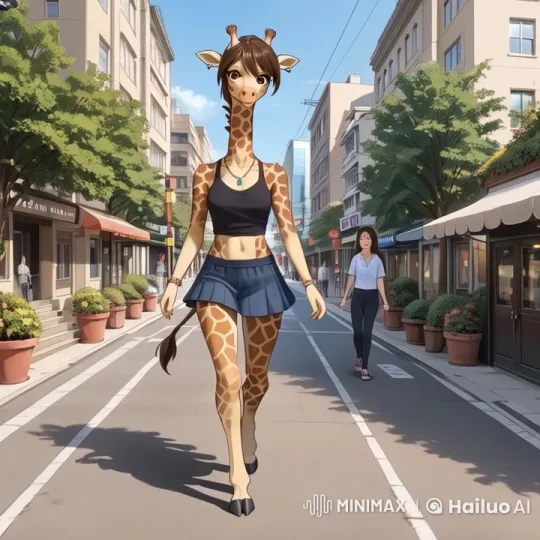 Giraffe Woman Walks Confidently in Animated Urban Setting – AI Generated Video | Hailuo AI