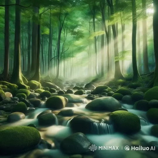 Tranquil Forest: Sunlit Canopy and Gentle Stream – AI Generated Video | Hailuo AI
