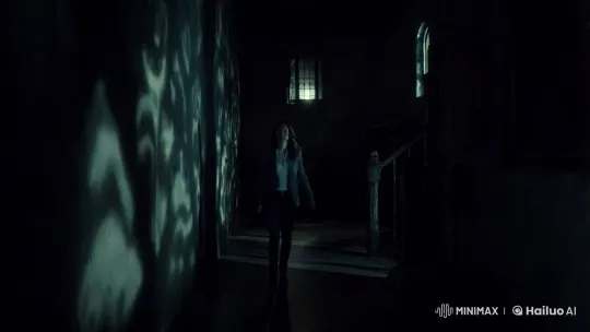 Woman Navigates Shadowy Hallway in Haunted House Setting – AI Generated Video | Hailuo AI