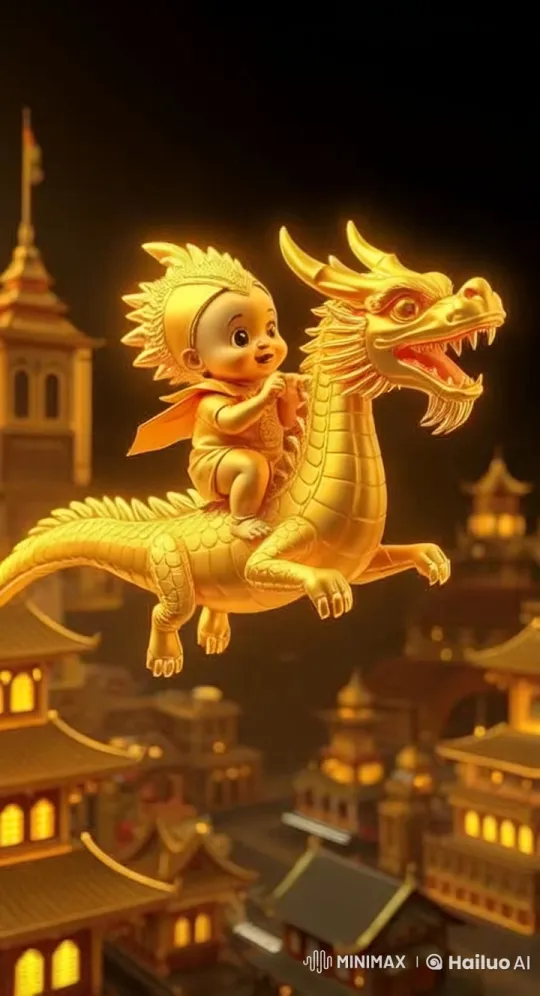 Golden Dragon Soars with Boy Over Enchanted City – AI Generated Video | Hailuo AI