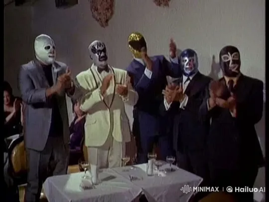 Masked Men Celebrate with Guns and Dance at Table – AI Generated Video | Hailuo AI