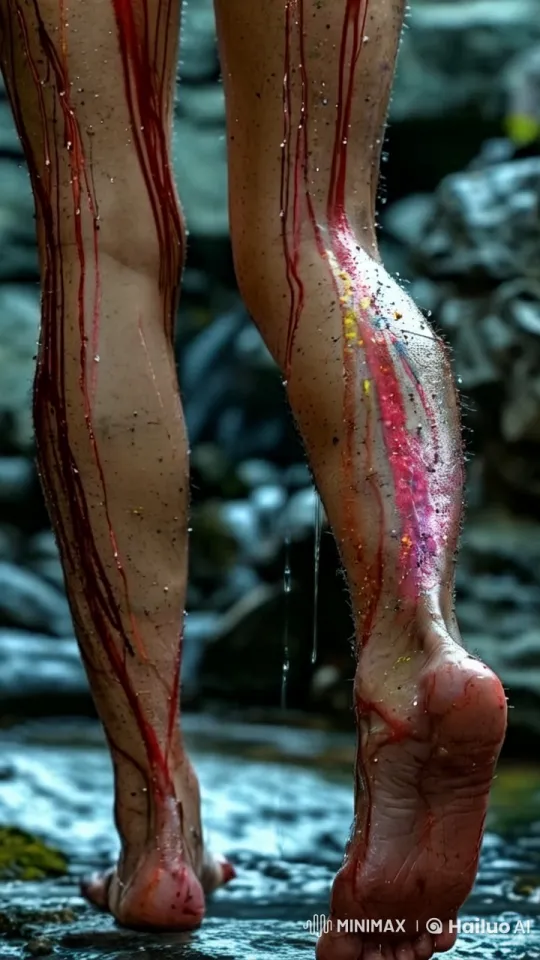 Glittery Painted Legs in Shimmering Creek with Realistic Animation – AI Generated Video | Hailuo AI