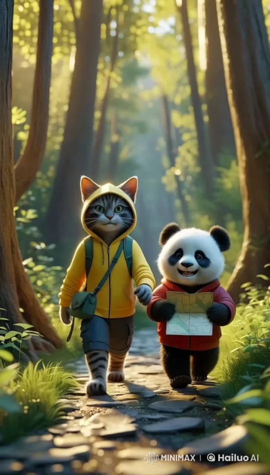 Anthropomorphic Friends Run Through Enchanted Forest Trail – AI Generated Video | Hailuo AI