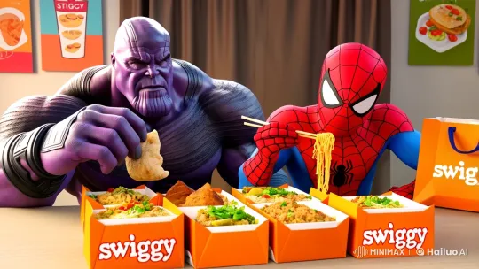 Thanos and Spider-Man Share a Meal at a Cozy Dining Table – AI Generated Video | Hailuo AI