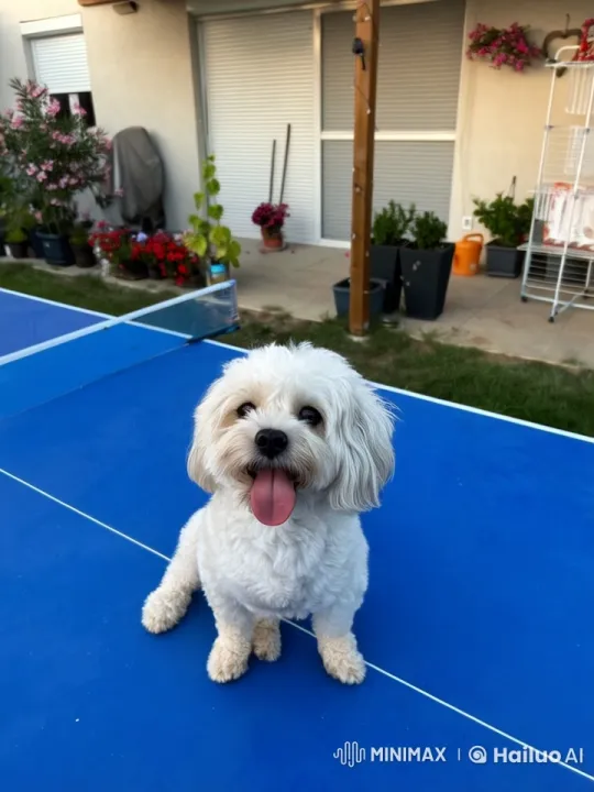 Fluffy Dog Joyfully Bounces on Ping-Pong Table – AI Generated Video | Hailuo AI