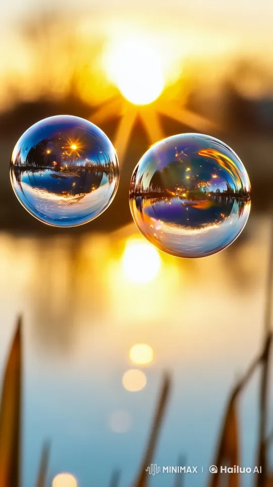 Tranquil Sunset: Reflective Bubbles' Serene Dance – AI Generated Video | Hailuo AI