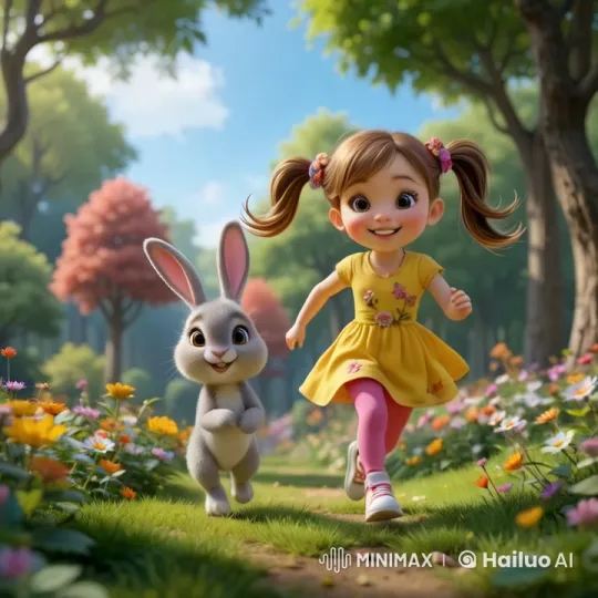 Girl and Rabbit's Joyful Adventure in the Forest – AI Generated Video | Hailuo AI