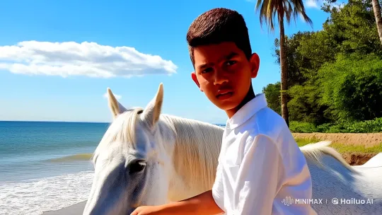 Boy on Horse by the Serene Sea with Determined Expression – AI Generated Video | Hailuo AI