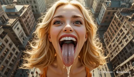 Urban Serenity: Woman Calmly Swallows Amidst Cityscape – AI Generated Video | Hailuo AI