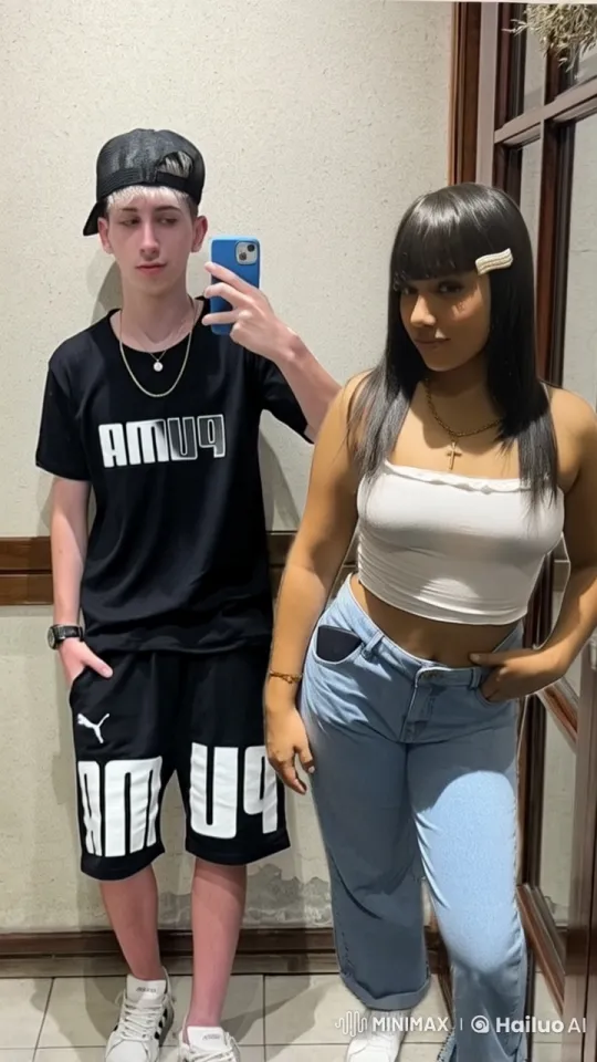 Boy and Girl in Casual Outfits Kiss in Mirror Scene – AI Generated Video | Hailuo AI
